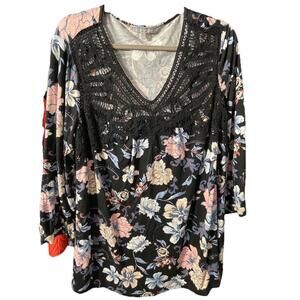 Daniel Rainn Knit Black Floral Blouse 3/4 Sleeve Blouse With Lace Detail Sz 1X
